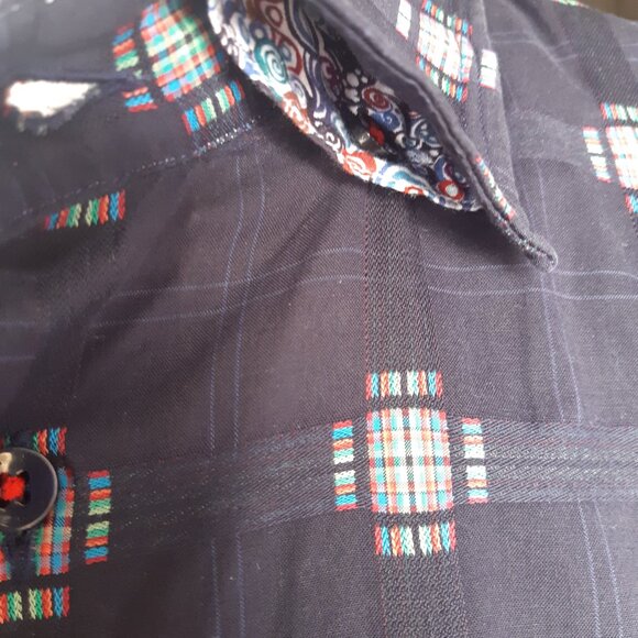 Lipson SZ LG Button Down Men's Shirt 100% Cotton Navy with Red & Green Accents - Picture 5 of 15
